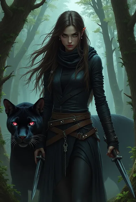 Girl Elf with black skin with long brown hair with white streaks in her hair and eyes with filled pupils. Assassins outfit with two daggers, scar on the eye, covering covering the mouth, ear piercing. Has two daggers and a sniper. Around you, a dark forest...