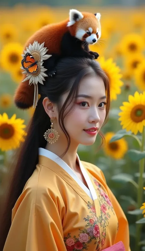 Oriental beauty, a picture of a Chinese woman wearing an ancient Hanfu 、 A picture of a Chinese woman with long, fluttering hair, 1 cute butterfly, A red panda sits on top of a beautiful womans head ,  and the background was all a sea of sunflowers, Ultra-...