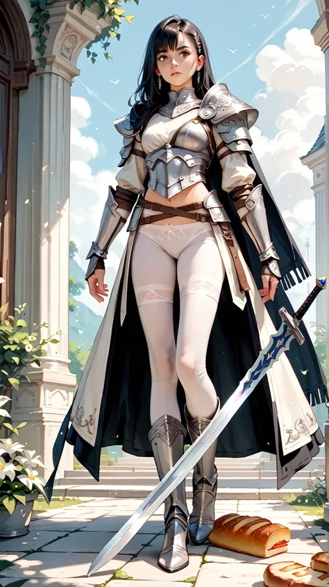   one woman　White tights　 White underwear 　Tall　 Black Hair 　 long boots for stepping on bread　 Platinum Armor　 Miniskirt　Platinum sword　Platinum Helm 