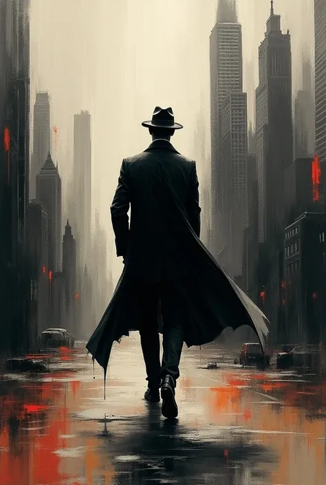 Create an abstract painting of a man in a black suit wearing a hat who is a villain that is walking through a city stealing colour from the world
