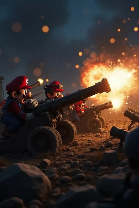  Give me some artillery guns , With the name Mario ,  soldiers shooting the artillery pieces agitately,  let it be at night and very graphic 