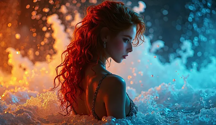 A woman redhair long curly stands with her back and side profile visible, surrounded by splashing water. She is illuminated by warm orange and cool blue lighting, creating a striking contrast. Her wet skin glistens under the light, and her expression is so...