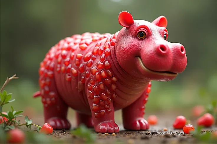  Create an image of a cute hippopotamus and friendly abstract and realistic cub made entirely of fruit.  The body is modeled exactly as the attached image , with the animal in a natural position, made with pieces of pomegranate on the belly and neck ,  and...