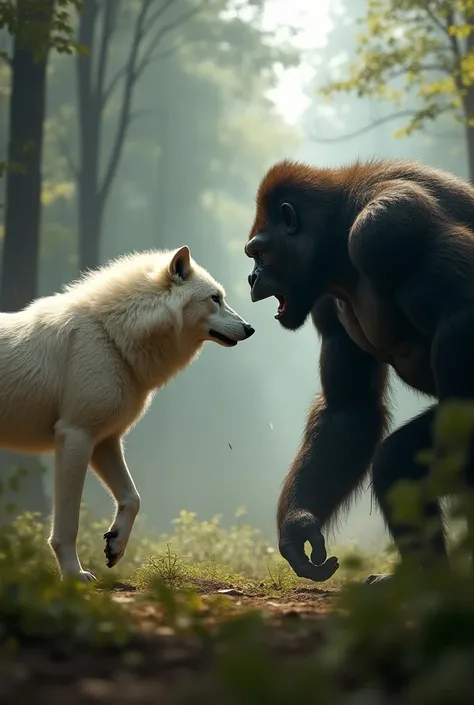 **Prompt:**  
" An intense and realistic confrontation scene between a white wolf and a gorilla ,  both with fierce expressions and threatening postures . The white wolf,  with thick and shiny fur ,  have a penetrating gaze and sharp teeth ,  their muscula...