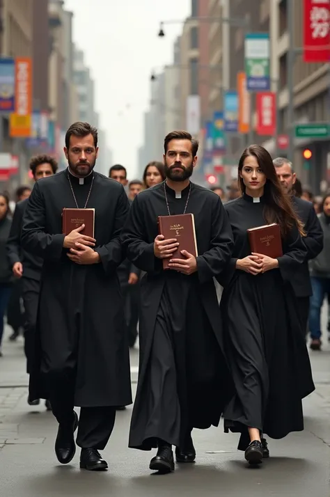 Religious people with the bible under their arms walking down the street