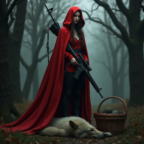 a densely wooded area of the black forests of Thuringia in Germany.  we see Little Red Riding hood is posing next to a dead wolf. Hunter style kill photo. . a traditional picnic basket off to the side.  Slung over her shoulder is an AR-15 semiautomatic rif...