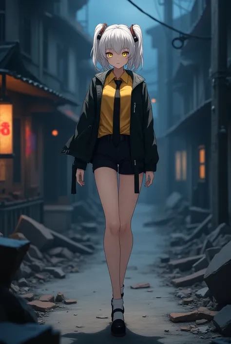 highly detailed, full-body anime female character, short white hair with two side ponytails, yellow eyes, fair skin, neutral expression, 1.80m tall, yellow shirt, black jacket, black tie, black shorts, black high heels, standing, background of a ruined cit...