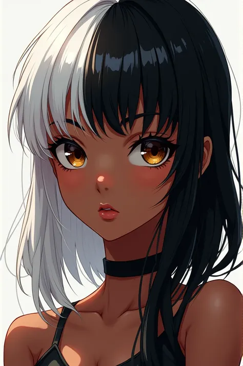 black girl with brown eyes who has black hair on one side and white on the other, Anime style 