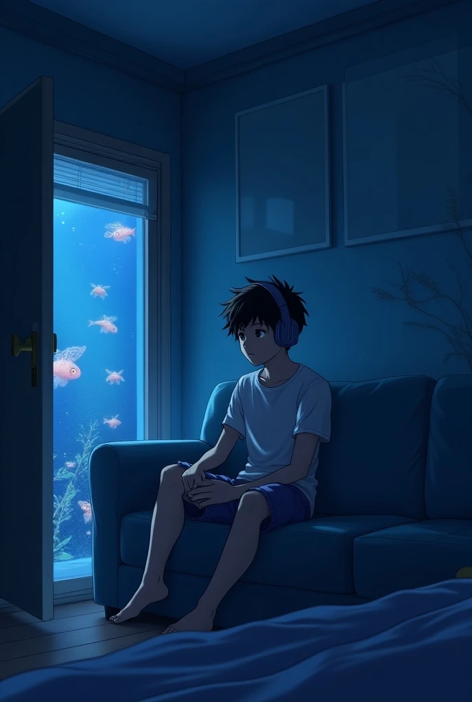 high quality, 8K Ultra HD, great detail, masterpiece, an anime style digital illustration, anime landscape of a boy listening to music in a cozy room at night, Using headphones ,sitting on a couch in bedroom ,Background mid-size aquarium having fish inside...