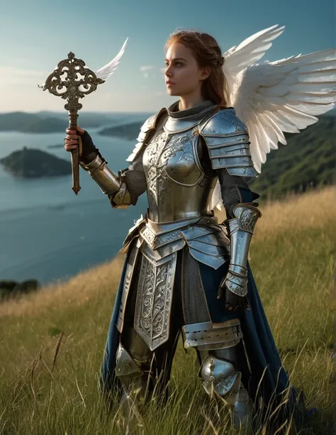 A beautiful looking girl, dressed in knightly armor, with beautiful carved patterns, with white wings, holding an ancient key, standing on a hill of grass, looking at the sacred, the light streaming down the bay in the dark, with swords floating around.