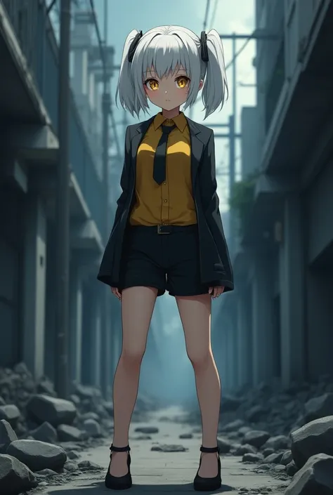 highly detailed, full-body anime female character, short white hair with two side ponytails, yellow eyes, fair skin, neutral expression, 1.80m tall, yellow shirt, black jacket, black tie, black shorts, black high heels, standing, background of a ruined cit...