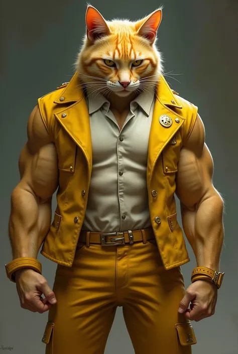 A yellow mascular male cat wearing expensive yellow jacket and pent looks sad and his head is down