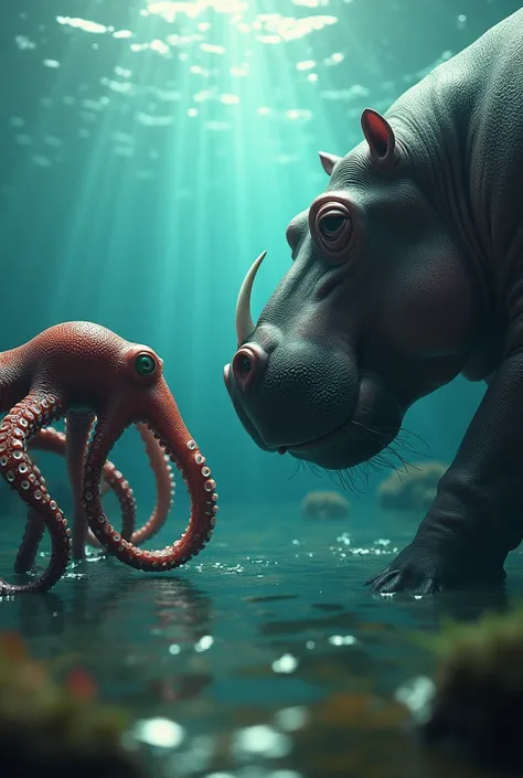 Octopus and hippo faceing each other 