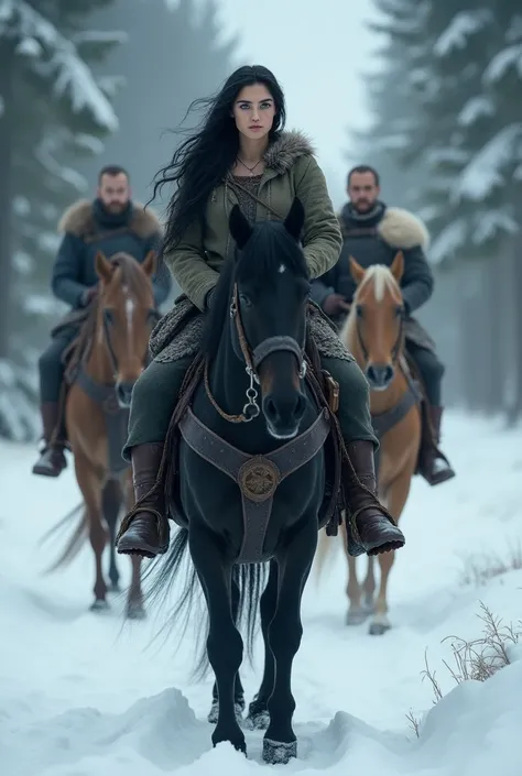 Viking girl, young, delicate, beautiful,  wavy black hair , Big eyes deep blue color, slim, busty, big ass,  rides in a snowy forest , about a black mare , escorted by two blond Viking guards on horseback, viking clothes