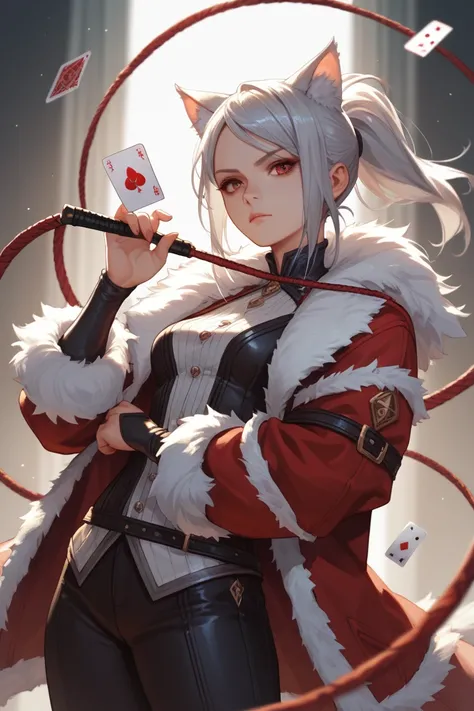 1 woman, ponytail, silver-haired angora cat ears,whip,Should fur coat with white and red trim,Blizzard,Ace card