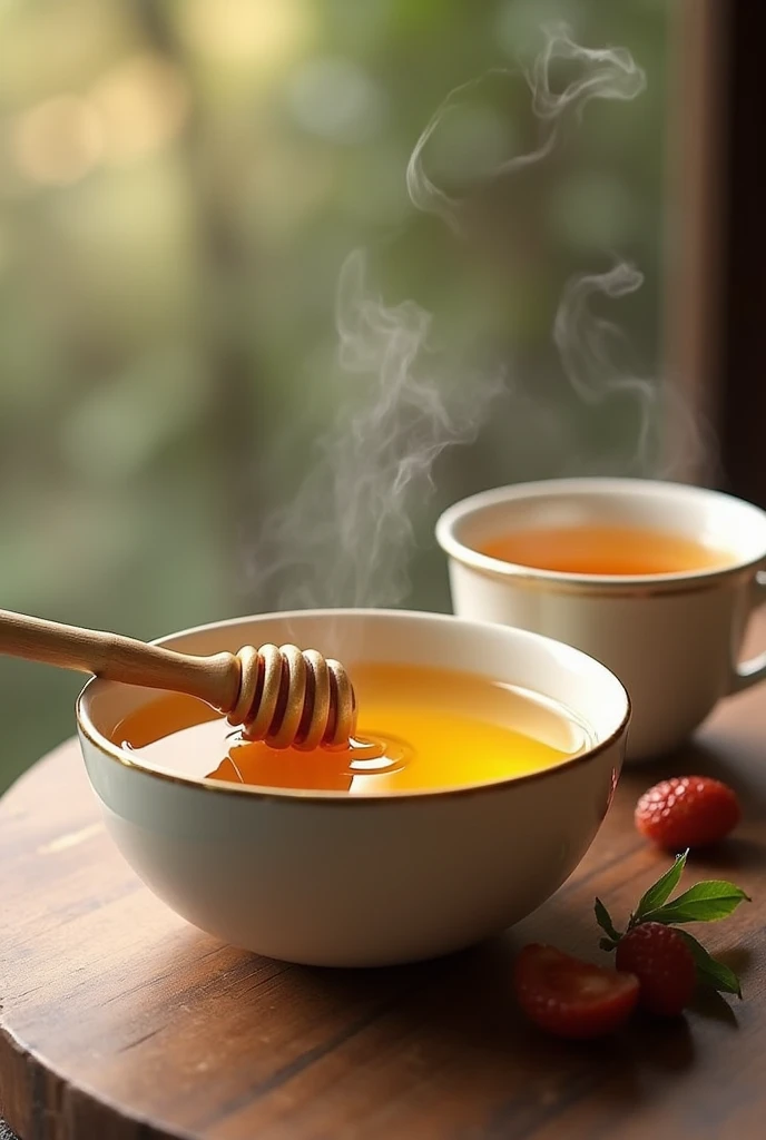 A bowl of honey with a spoon ,  accompanied by a cup of herbal tea.