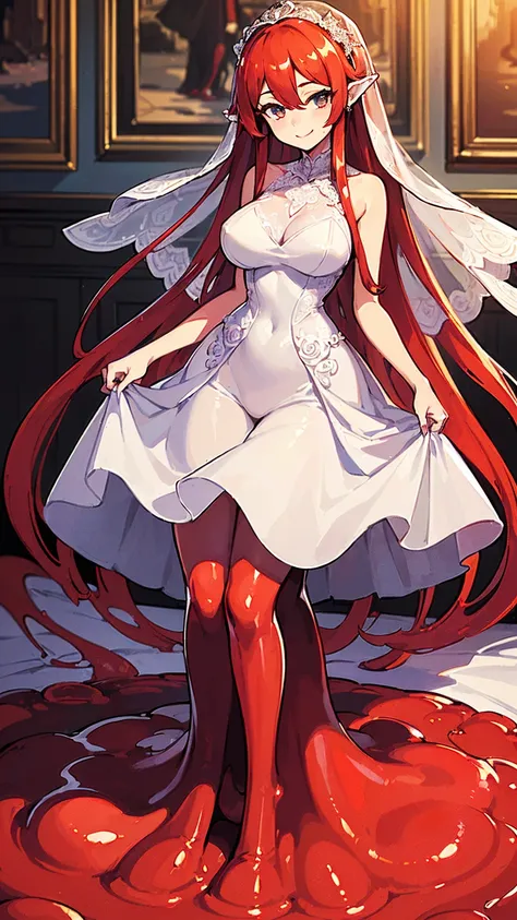 ((masterpiece,best quality,ultra-delicate,Perfect Face,detailed eyes,16k,high resolution,very beautiful girl)),((red slime body ,melting legs:1.5,Best Anime)),sharpnes,clear,The Art of Phenomenal Depictions,melting red long hair,(1 girl),large breasts,(sho...