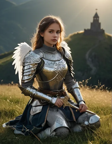 A beautiful looking girl, dressed in knightly armor, with beautiful carved patterns, with white wings, holding an ancient key of 30cm .   on a hill of grass, looking at the sacred, the light streaming down the dark, with swords floating around.