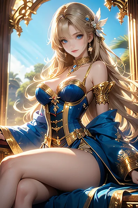 a powerful, seductive asian woman sits confidently on a lavish golden throne. she wears a deep blue, form-fitting corset with pl...