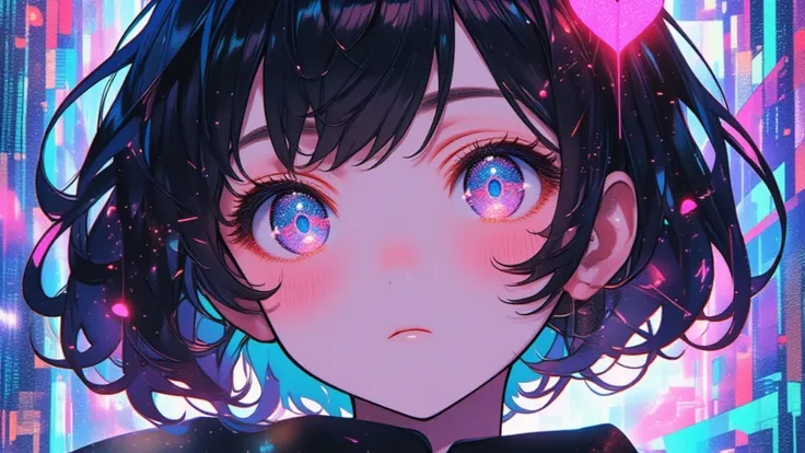 (Masterpiece, high quality, high definition, 4K, 8k, detail）、 cute semi-android girl-themed art、 short hair with a black base using colorful colors 、 half-android middle school students 、 both blue eyes are open 、 pink heart on the hair is shining 。 random...