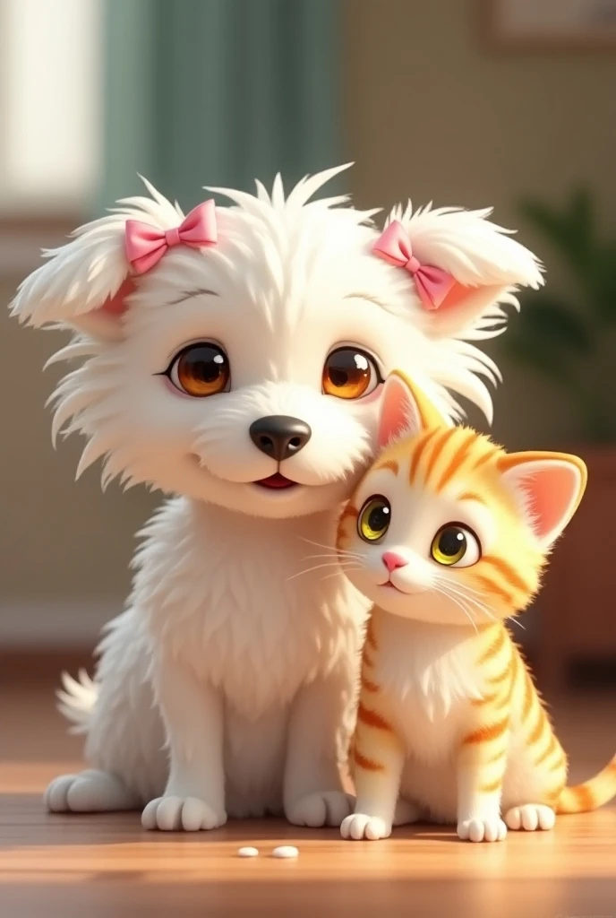  little white dog , medium size,  honey brown eyes ,  pink bows ,  French Poodle ,  with a saffron black nose ,  smiling, long ears, o pink ,  and next to it a cream-orange cat ,  with stripes of a slightly stronger shade, yellowish green eyes , nariz rosa...