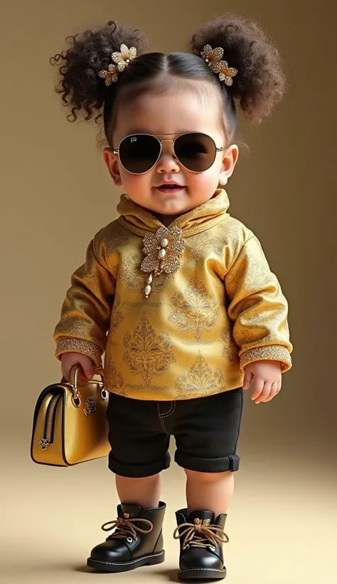 Generate the following image "A (full body) baby, with hair styled in two buns adorned with sparkly accessories, wearing an elaborately detailed gold blouse and matching black shorts and booties. The baby is wearing sunglasses and holding a small purse. " ...