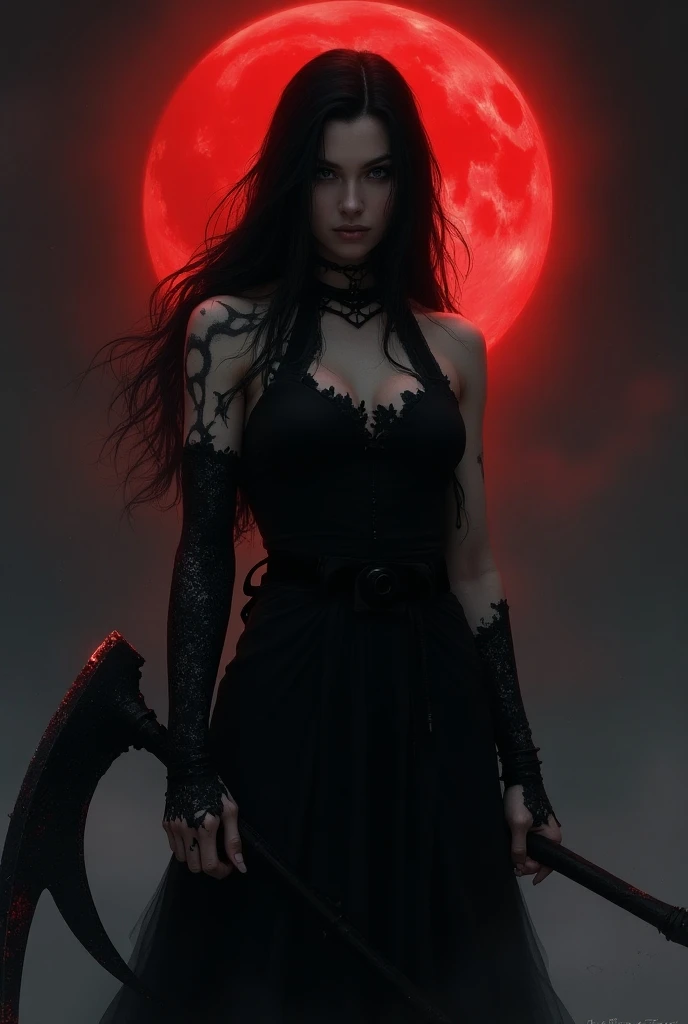 Women,  black hair , Bloody moon, black marks on hands , serious look,  is holding a scythe. 