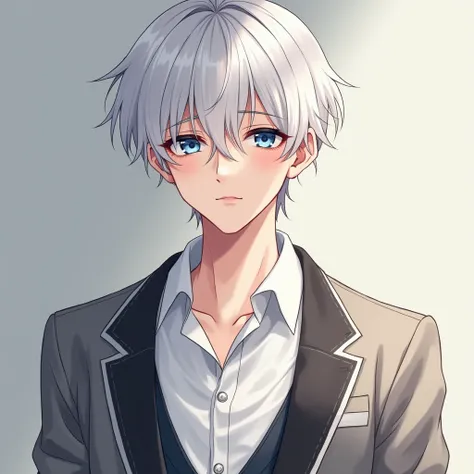  20-year-old boy with  white hair and Blue eyes, elegant clothes   ,jacket ,  white shirt  ,  In a photo shoot  ,  full body photo  ,Anime Art, blush, shy, Serious, periphery,  Blue eyes ,   white hair 