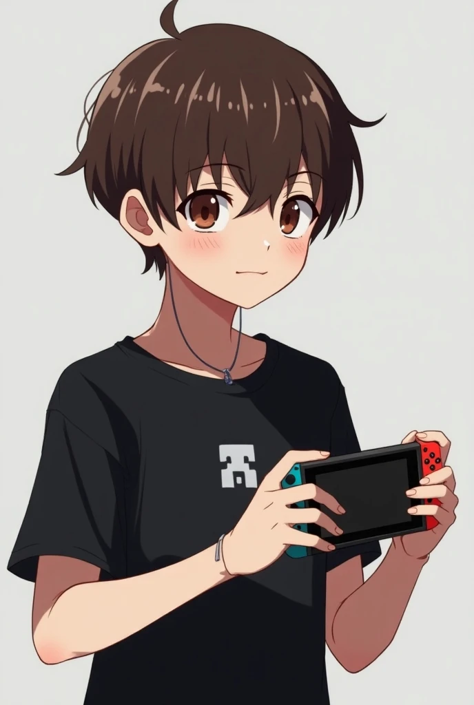 anime boy,  gamer brown hair, black shirt,creeper logo on the chest ,Risa, light gray background , With Nintendo Suich 
