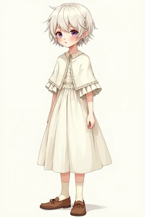 I want a picture-style image made in pencil but with color of a boy with an effeminate full-body style with wide hips or with a waist with a white dress up to the ankles and he wears a ponchito type regatta. His hair style is white, gray but light or cream...