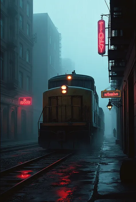 cinematic photography, wide angle shot, an old train run through an alley, heavy rain, white fog, shimmering neon light sign on ...