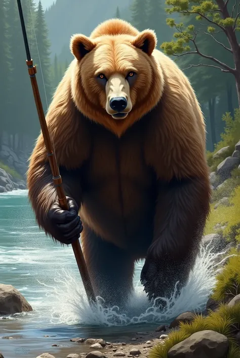 Draw a portrait of a bear walking towards a river with a fishing pole in his hand 