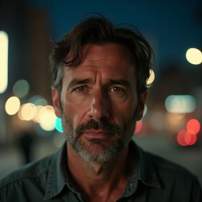 Attractive Argentinian man , median, no beard, 45 years, honey eyes,  short brown hair, thoughtful look, in the night city.  wearing a shirt.  Looking at the camera ,  his shoulders fully facing the camera, with his face without shadows . portrait.