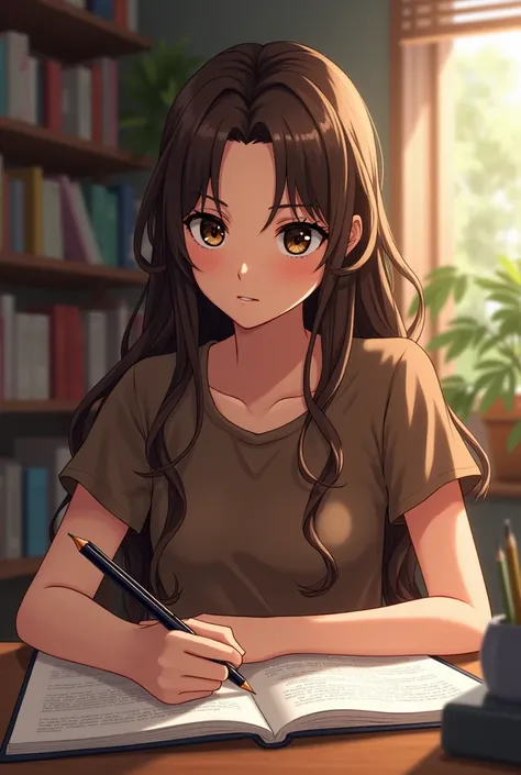 Girl with brown hair and brown t-shirt is studying  