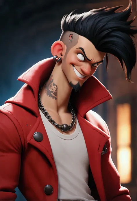 A man wearing a punk white tank shirt ,  wears ripped jeans and with a red coat tied around his waist .  His face shows a crazy smile and his black hair in an undercut.