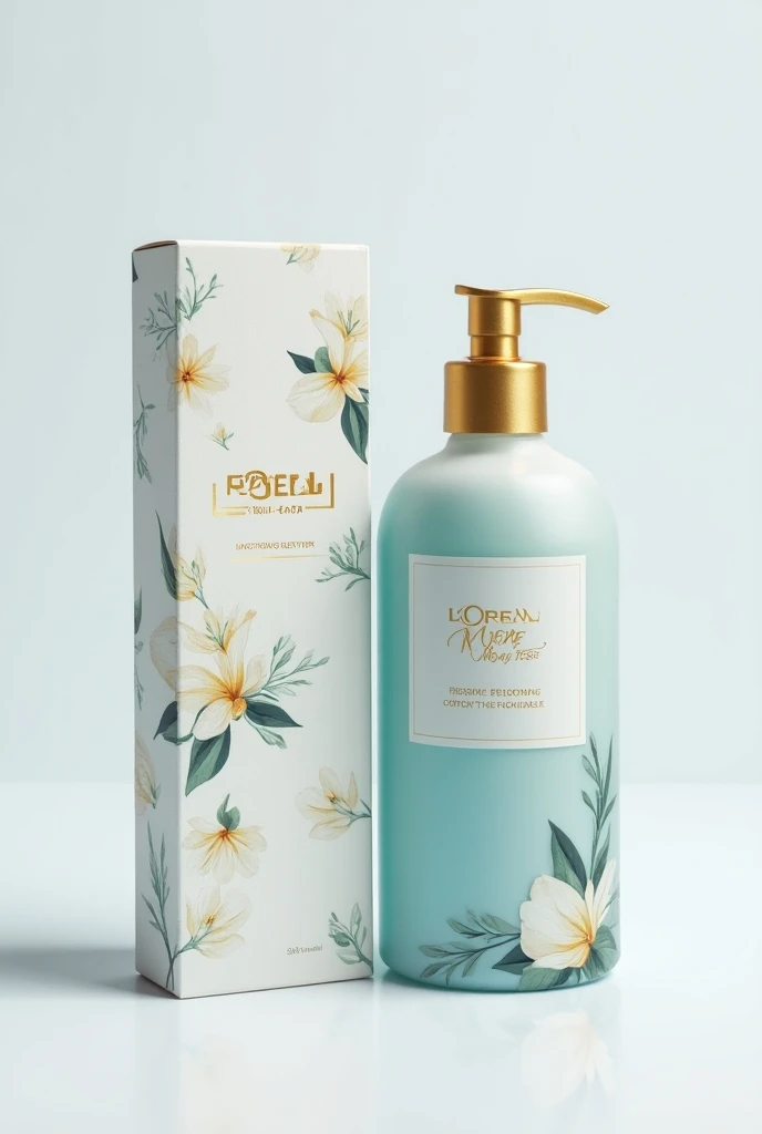 Could you create a striking design for the box for a LOréal liquid soap? The design must be modern, elegant and reflecting the premium quality of the . Please, It includes the LOréal logo and uses colors that convey freshness and cleanliness that is elegan...