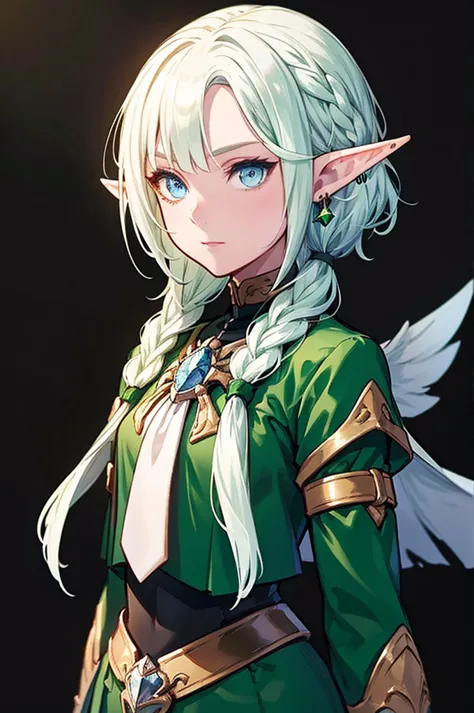 black background with spotlight 、green clothing、 short silver hair braided in rinwell style、 pointed ears、elf、 blue eyes、 rough ...