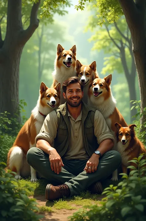 A man sitting with dogs in the forest and the dogs are sitting above him and the dogs are standing.