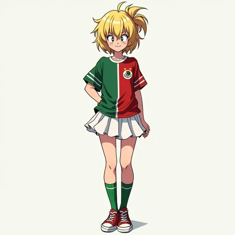 Create Himiko Toga de Mha with a Mexican soccer shirt with a white skirt and green socks with converse sneakers