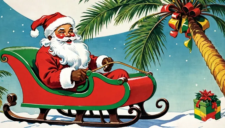  1950s,America,Rasta colored sleigh,Santa,Illustration,   palm trees,Santaは黒人