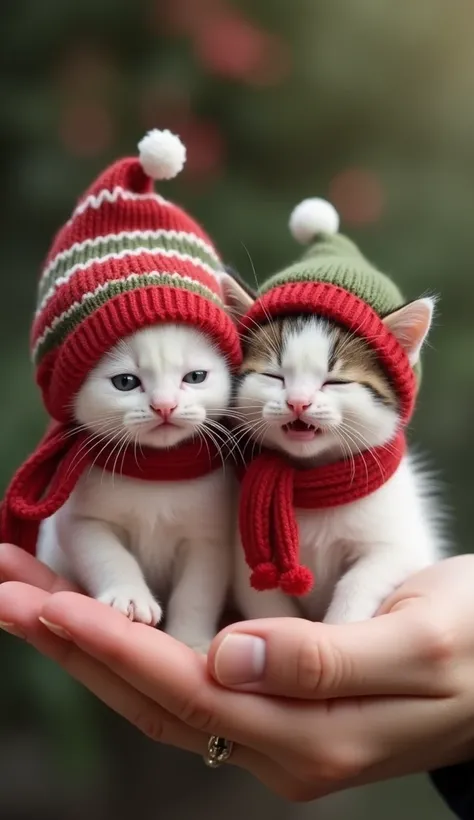  Ultra HD、４k quality、Photo quality、 REAL PICTURES、 the miniature kitten smaller than the palm of the hand is laughing 、 wearing hats and scarves inspired by Christmas。The smile is so cute 。 2 animals in the palm of their hands 、３ the animals are laughing h...