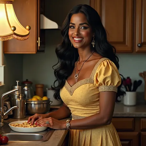 (best quality,4k,8k,highres,masterpiece:1.2),ultra-detailed, 1woman, Indian goddess Kali as middle aged housewife, paricho, long black hair, brown skin, In her 40s, wearing 1950s house dress, working in the kitchen, smiling at viewer seductively, HDR, 8k, ...