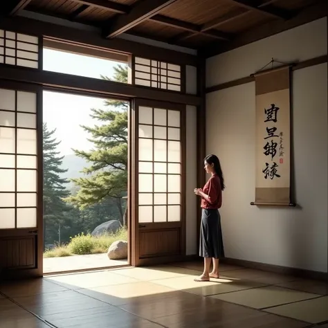  Japanese-style room interior 、woman、Shoji and wall 、 can see pine trees outside、 hanging scroll picture 、