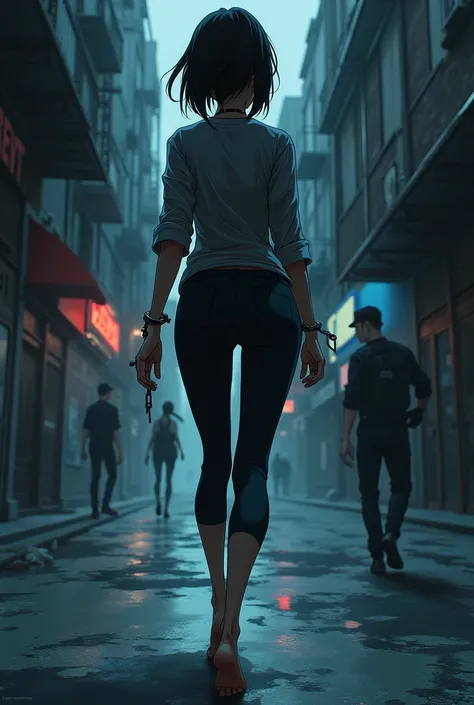  anime female criminal handcuffed barefoot，Walking down the street hiding from the police 