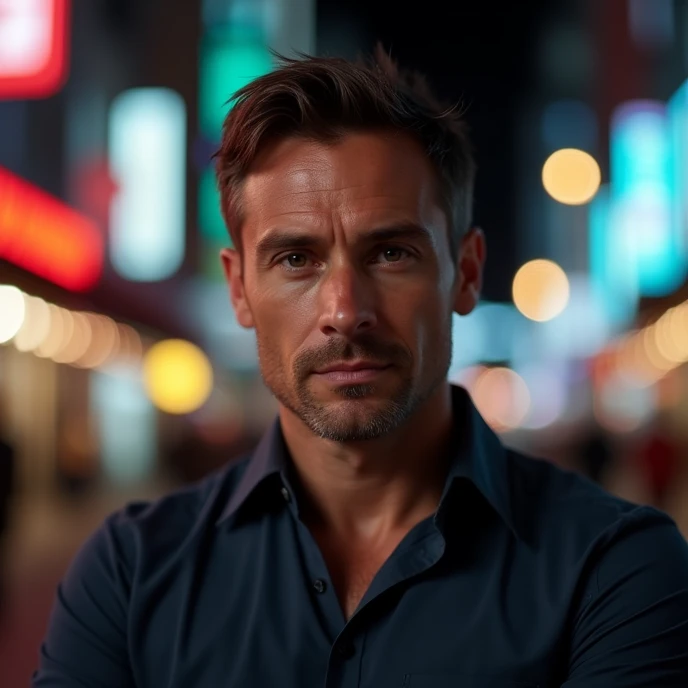 Attractive Canadian man, median, hairless skin, 45 years, honey eyes,  short brown hair, thoughtful look, in the night city.  wearing a shirt.  Looking at the camera ,  his shoulders fully facing the camera, with his face without shadows . portrait.