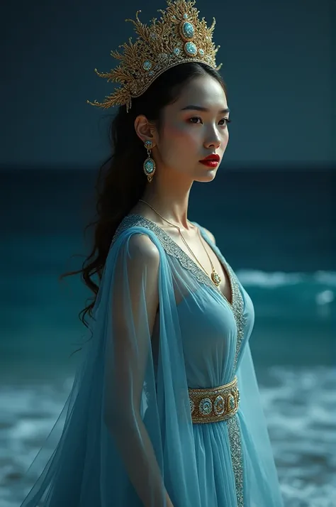 A woman in a light blue dress with an ancient royal dress model. Indonesian face, beautiful, red lips, on her head there is a golden crown. Her facial expression is serious. The background is the ocean at night