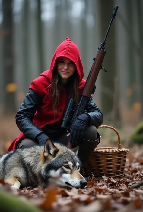 a densely wooded area of the black forests of Thuringia in Germany. winter.  we see Little Red Riding hood. Crouching with an injured grey wolf. Hunter kill photo.  a traditional picnic basket off to the side.  Slung over her shoulder is an AR-15 rifle wit...