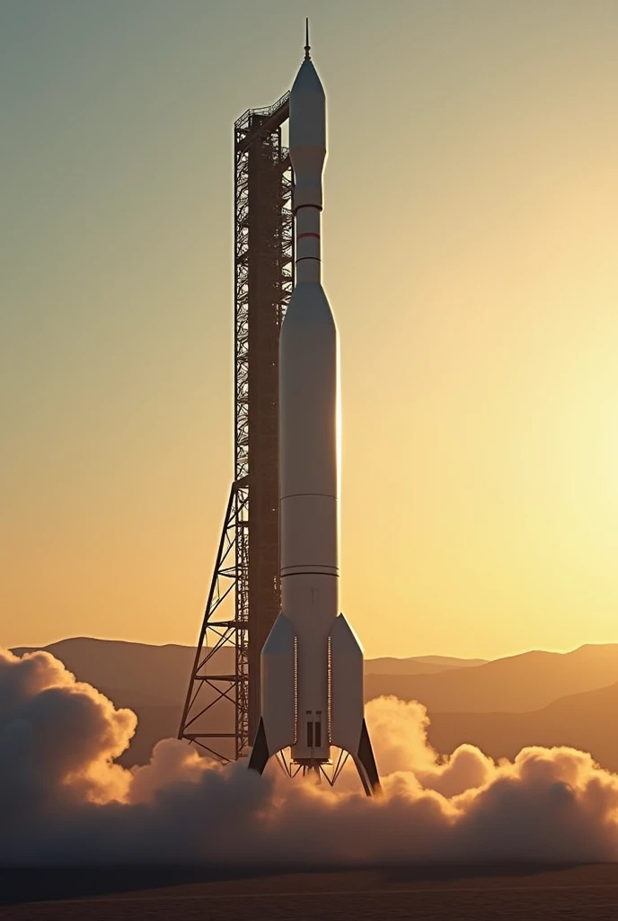 A dramatic view of the Vostok 6 rocket on the launch pad, moments before lift-off. The setting sun or early morning light would add drama to the scene, with clouds of smoke building up as the rocket prepares for launch.
