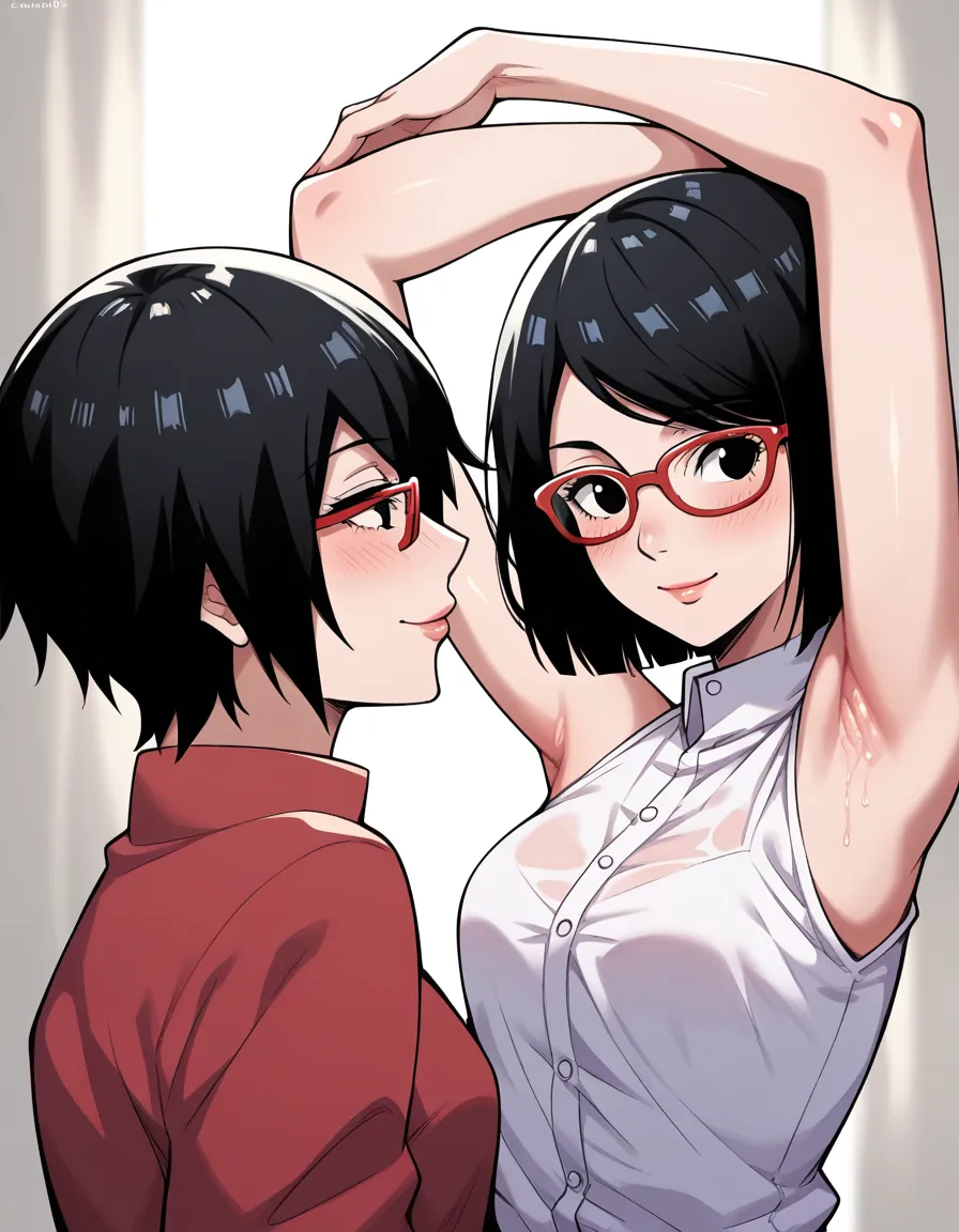 boruto,(sarada uchiha, short hair, black hair, black eyes, red-framed eyewear, glasses, swept bangs,(armpit:1.3)，(スチーム，スチームimg:1...