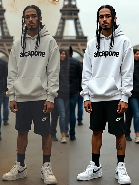 2 panel Hyper-realistic photos of a photo of a handsome Indonesian man, Was smoking with a puff of smoke, long Zig-zag braids, nose piercing, Wearing a white hoodie with "ALCAPONE" written clearly, spelled correctly. Black short jeans, tattoos on the right...